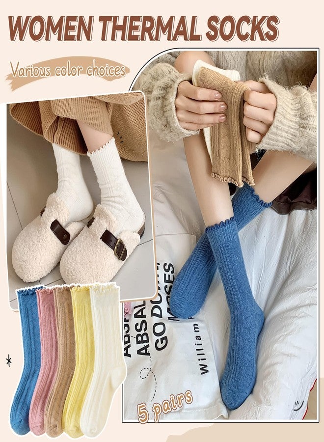 Eyean Womens Merino Wool Ruffle Socks Knit Warm Boot Winter Cozy Thermal Hiking Dress Crew Frilly Socks 5 Pairs (Pink Yellow Blue) - Image 2